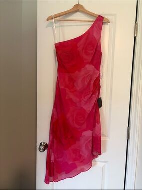 Lulu's Fuchsia One-Shoulder Rose-Print Dress